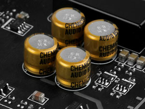 Four Chemi-Con Audio Capacitors on the motherboard